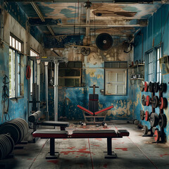 Abandoned Gym Interior with Vintage Fitness Equipment