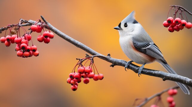 Tufted Titmouse (Baeolophus bicolor) perched on a branch with berries