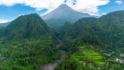 aerial view of Mount Merapi is the most active volcano in Indonesia located in the central part of...