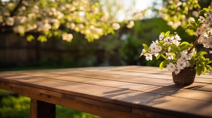 Wooden table in garden of spring time - obrazy, fototapety, plakaty