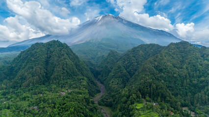 aerial view of Mount Merapi is the most active volcano in Indonesia located in the central part of...