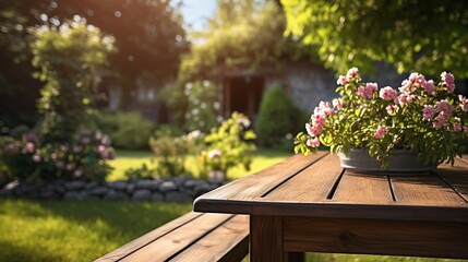 Naklejka premium Wooden table in garden of spring time