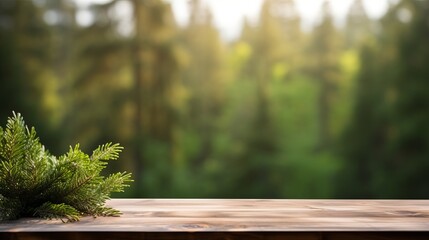 Wooden table. Spring design with pine forest and empty display. Space for your montage