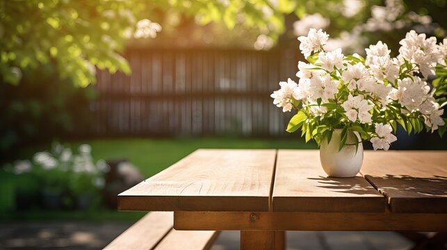 Wooden table in garden of spring time