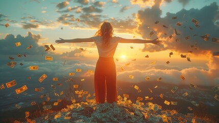 a woman is standing in a field of flowers with her arms outstretched at sunset - obrazy, fototapety, plakaty