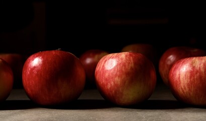 Fototapeta na wymiar Red apples. Colorful apples in close-up on a dark background. Fine art photography.
