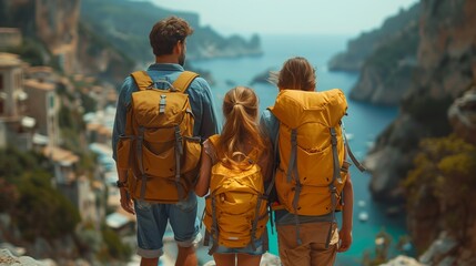 a family with backpacks standing on top of a mountain looking at the ocean - obrazy, fototapety, plakaty