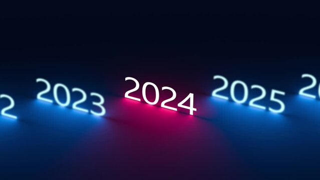 2024 neon, glowing numbers. 2024 goal, plan, beginning, forecast, future 2025, 2026 and past. Abstract 2024 in blur,animation,3D render.