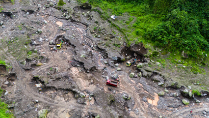 aerial view of sand and stone mining on the slopes of Mount Merapi in Sleman Regency, Yogyakarta