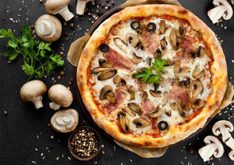 Mushroom pizza with bacon and champignons.