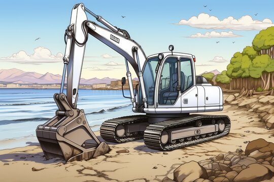 White excavator with gray bucket and black tracks on beach with calm waves, green grass, trees, town skyline, and mountains in distance under blue sky with fluffy clouds