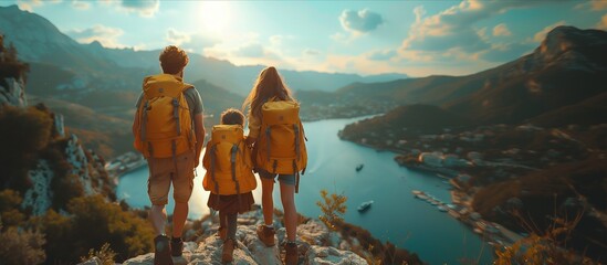 a family with backpacks standing on top of a mountain overlooking a lake - obrazy, fototapety, plakaty