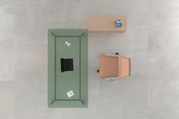 Top view of modern office interior with empty mockup laptop , office furniture in office interior. 3D Rendering design concept