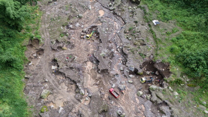 aerial view of sand and stone mining on the slopes of Mount Merapi in Sleman Regency, Yogyakarta