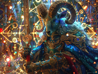 Obraz premium Medieval knight in armor. Portrait of gigantic cute aries deity warrior in a shining armor holding the pitcher. There is a geometric cosmic mandala zodiac style made of lights in the background