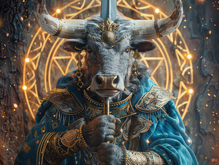 Medieval knight in armor. Portrait of gigantic cute bull deity warrior in a shining armor holding the pitcher. There is a geometric cosmic mandala zodiac style made of lights in the background