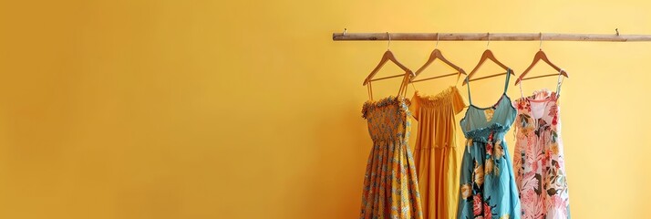 Summer dresses hanging on a clothing rack with a solid background and copy space.  - obrazy, fototapety, plakaty
