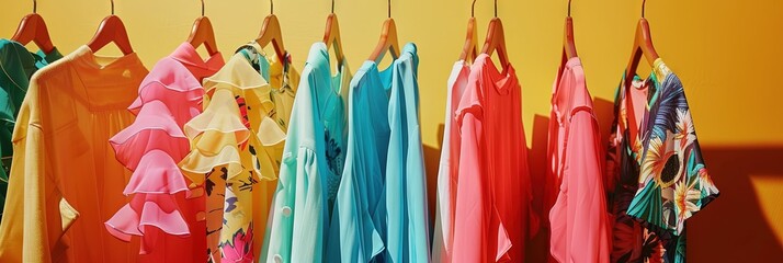 Summer dresses hanging on a clothing rack with a solid background and copy space. 