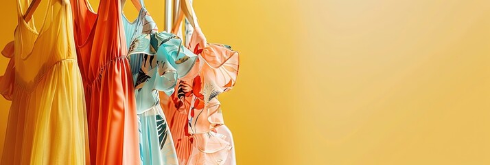 Summer dresses hanging on a clothing rack with a solid background and copy space.  - obrazy, fototapety, plakaty