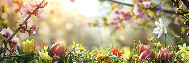Spring equinox seasonal concept with plants in bloom
