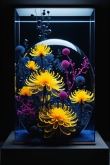 Artificial coral reef with vivid yellow, blue, and pink colors showcased in a lit glass case.