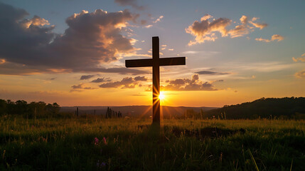 cross on the hill during sunset on easter, Easter day poster, easter sunrise cross, easter sunday flyer with copspace.