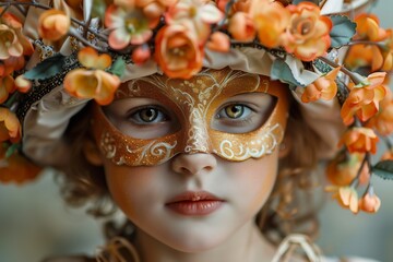 A charming portrait of a child in carnival attire, their face veiled by a beautifully designed mask.
