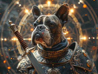 Medieval knight in armor. Portrait of gigantic cute dog deity warrior in a shining armor holding...