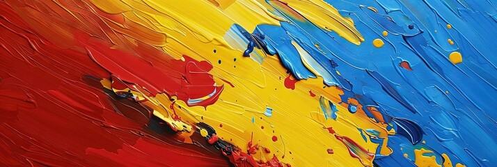 Abstract flag oil paint design in red, blue, and gold for Andorra, Arizona, Armenia, Chad, Colombia, Congo, Mongolia, Romania,  - obrazy, fototapety, plakaty