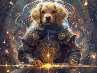 Medieval knight in armor. Portrait of gigantic cute dog deity warrior in a shining armor holding...