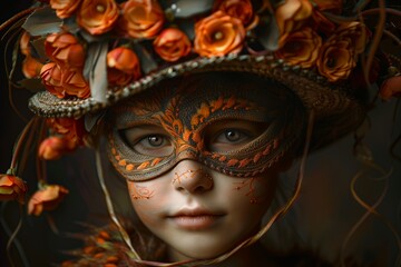 A fascinating photo of a child in carnival garb, their face concealed by a unique mask.