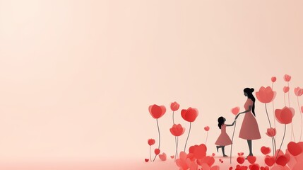 Happy Mother's day background with a girl and her mother silhouette and flowers
