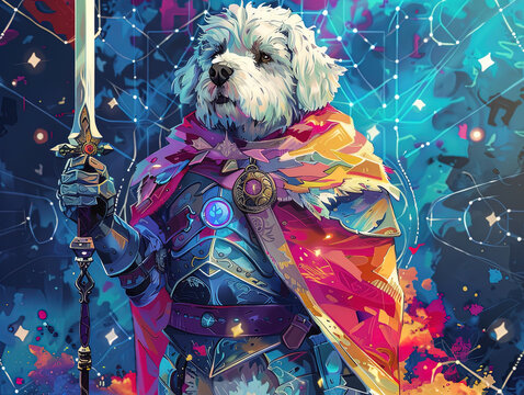 Medieval knight in armor. Portrait of gigantic cute dog deity warrior in a shining armor holding the pitcher. There is a geometric cosmic mandala zodiac style made of lights in the background