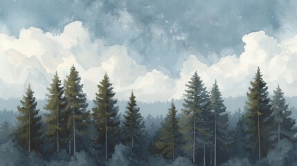 Atmospheric painting of a serene pine forest with looming clouds, creating a mood of calm before the storm in a wilderness setting