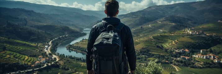 A lone backpacker stands on a picturesque hill, taking in the breathtaking view of a river valley dotted with terraced vineyards. Ideal for travel enthusiasts and outdoor brands. - obrazy, fototapety, plakaty
