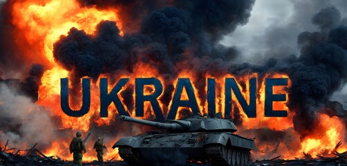 Armored tanks progress beneath the fiery inscription 'UKRAINE,' a vivid depiction of military might and the ongoing strife of war.