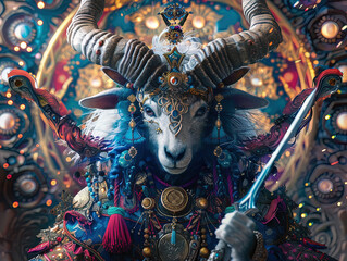 Medieval knight in armor. Portrait of gigantic cute goat deity warrior in a shining armor holding the pitcher. There is a geometric cosmic mandala zodiac style made of lights in the background