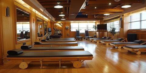 Modern fitness inside a gym with pilates mats - obrazy, fototapety, plakaty