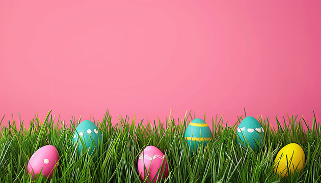 Easter background, colored easter eggs lying in the grass, field flowers, easter flowers background, fresh green spring Easter background with painted eggs on a green grass