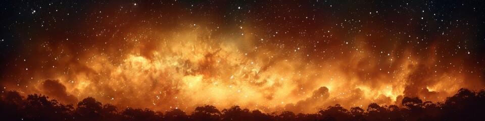 Fiery Cosmic Cloudscape Panorama, Dramatic Astronomy Event with a Night Sky on Fire
