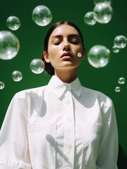 Photography of woman wearing white clothes with soap baubles in front of her against green background 