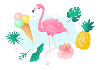 Flamingo, palm leaves, summer flower hibiscus, ice cream. Exotic tropical collection for summer designs, beach party, t shirts, stickers, scrapbooking, invitations, postcards