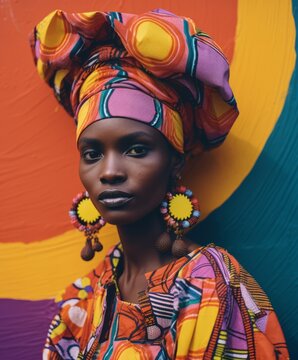African tribe woman wearing vibrant colorful dress that look like carnival dress against purple wall