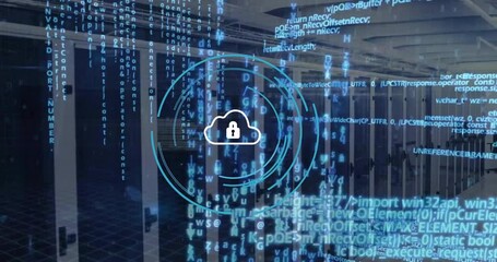 Animation of data processing and scope scanning with security symbols over server room - Powered by Adobe