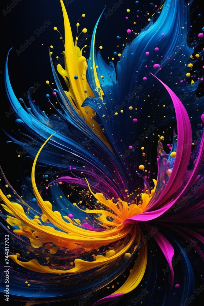 Wall mural A vivid abstract swirl with splashes of yellow, blue, and purple against a dark background. - Wall murals