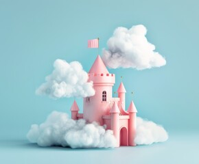 A small pastel pink children's castle surrounded by a thick white cloud on clear blue sky