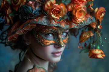 A stunning portrayal of a young woman in carnival guise, her face veiled by an exquisite mask.