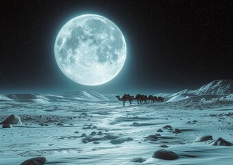Lunar Fantasy Scene with Camel Caravan Crossing a Frozen Landscape Under a Massive Moon