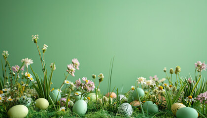 Easter background, colored easter eggs lying in the grass, field flowers, easter flowers background, fresh green spring Easter background with painted eggs on a green grass - obrazy, fototapety, plakaty