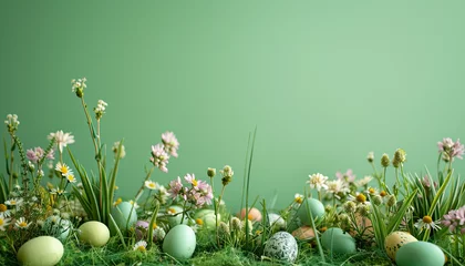 Fotobehang Easter background, colored easter eggs lying in the grass, field flowers, easter flowers background, fresh green spring Easter background with painted eggs on a green grass © Thomas Parker